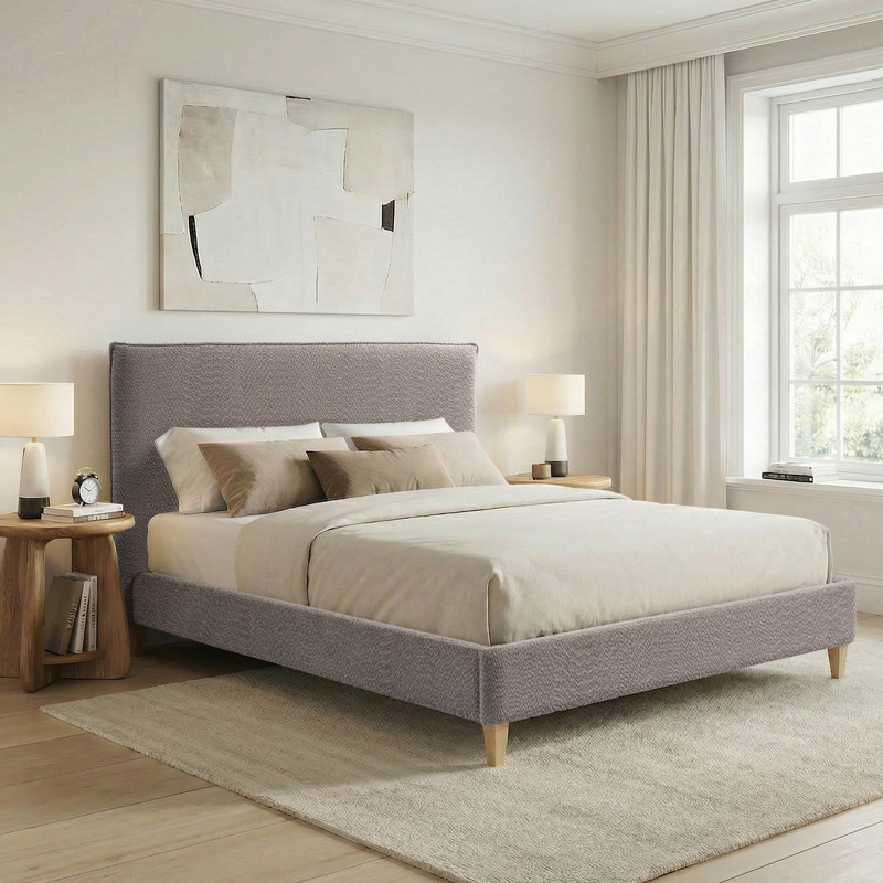 Lit plateforme tapissier grand format Vireo, boucle tungstène gris, cadre en bois, réduction du bruit, capacité de 800 lb