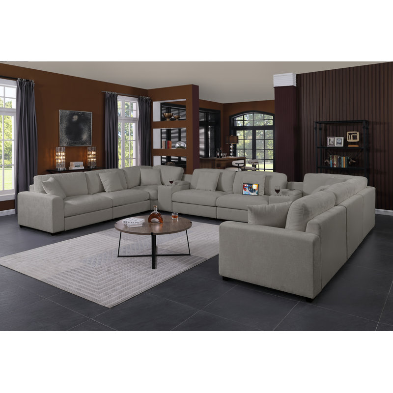 Canapé modulaire d'angle rembourré moderne avec deux consoles Cloud, Chenille gris pâle