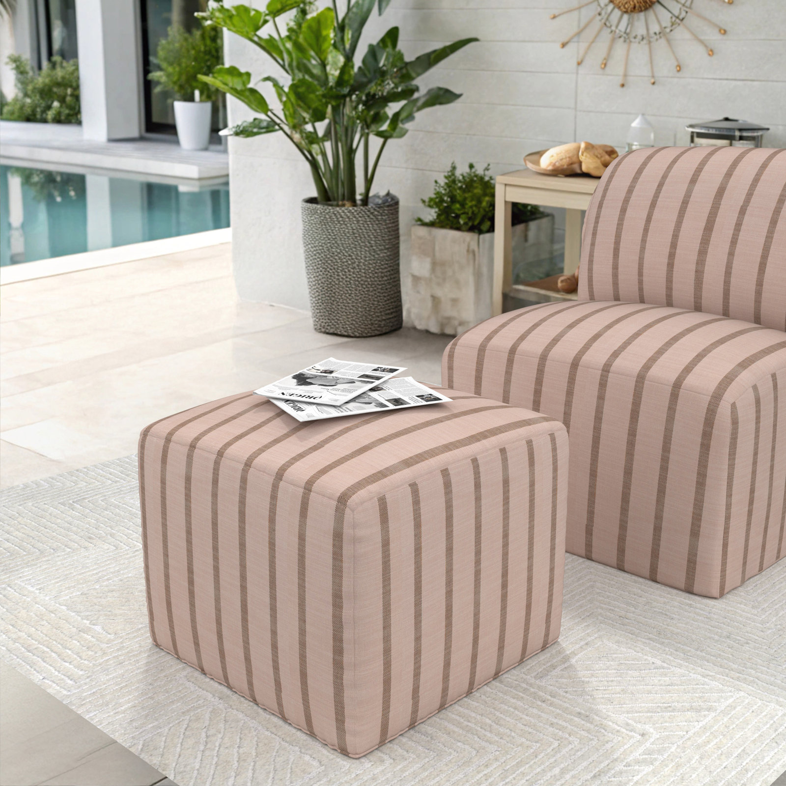 Praia Sunbrella® Outdoor Ottoman, 18" H x 22" W x 22" D, Unwind Cameo Striped Sunbrella®