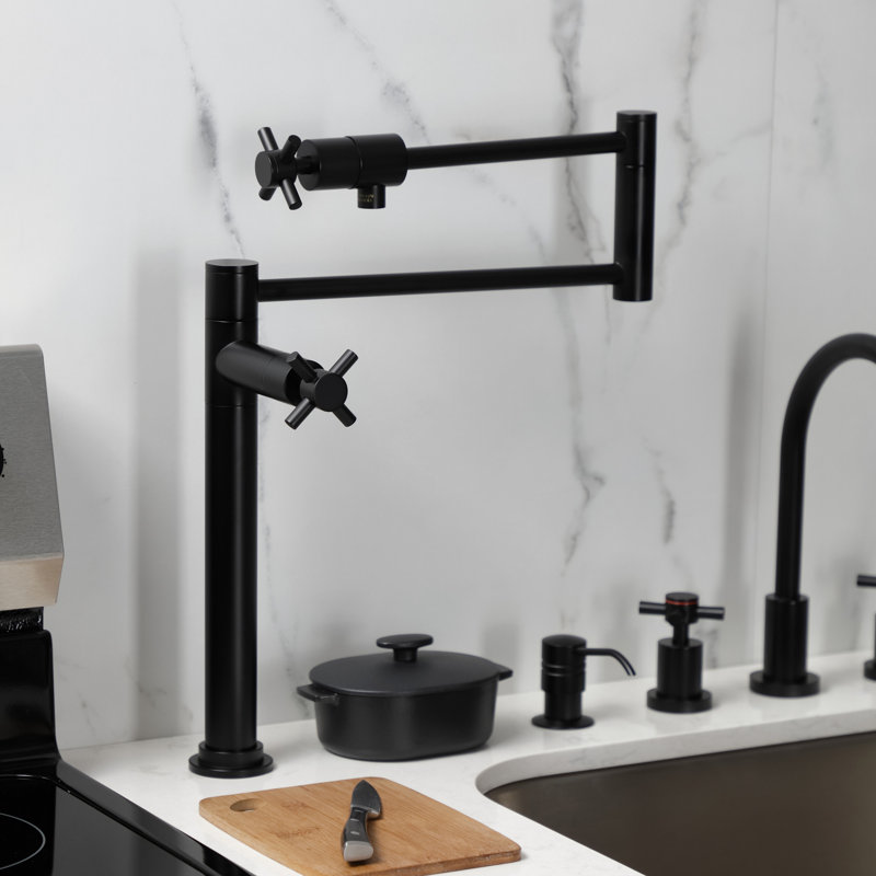 Kingston Brass Concord Two-Handle 1-Hole Deck Mount Pot Filler Faucet, Matte Black, Cross Handle