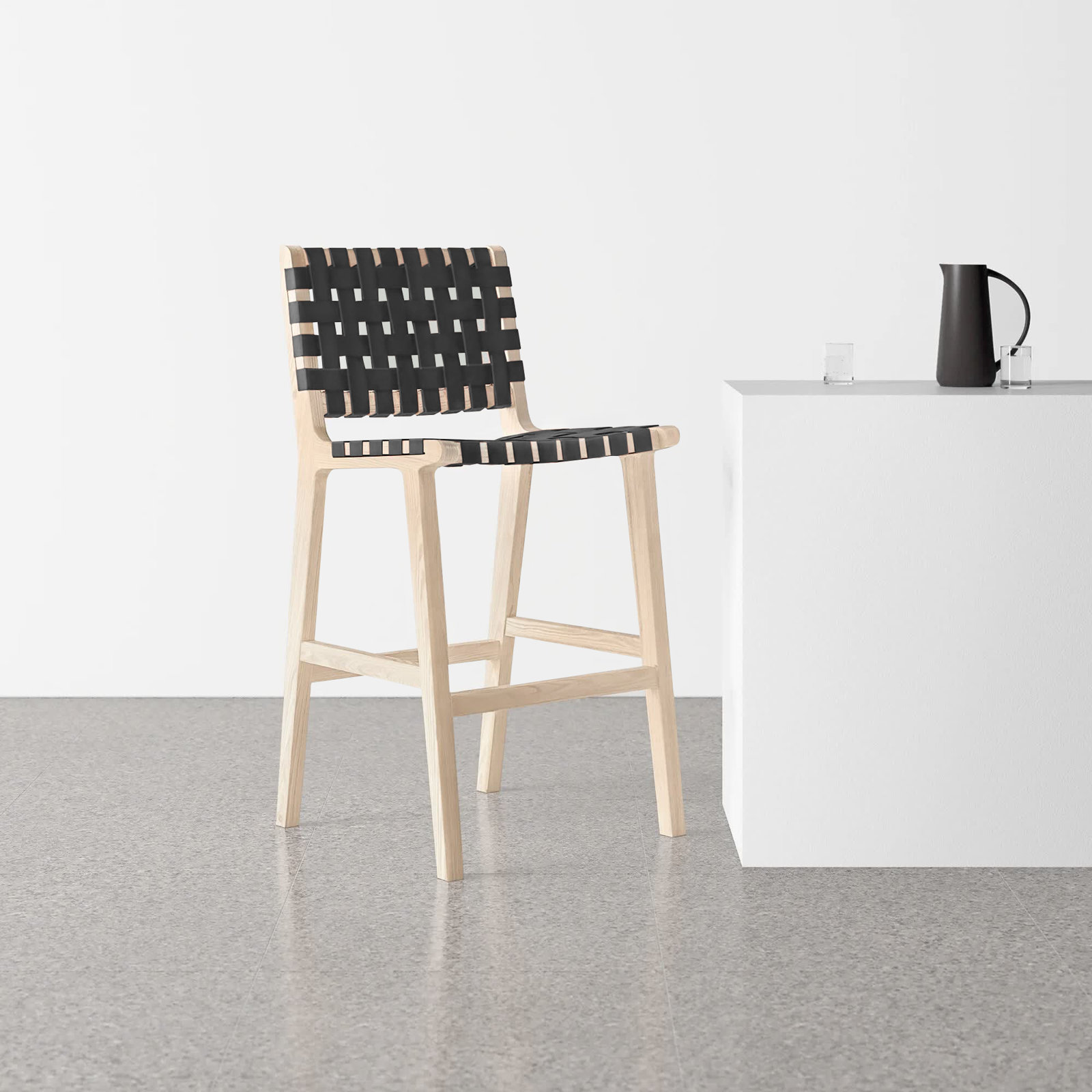 Alston Leather Stool, Black Leather/Natural Unfinished Frame, Counter Stool (27.16" Seat Height)