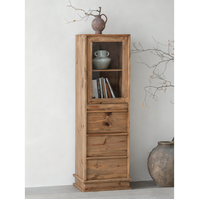 Rustic Glass-Door Narrow Cabinet, Three Drawers