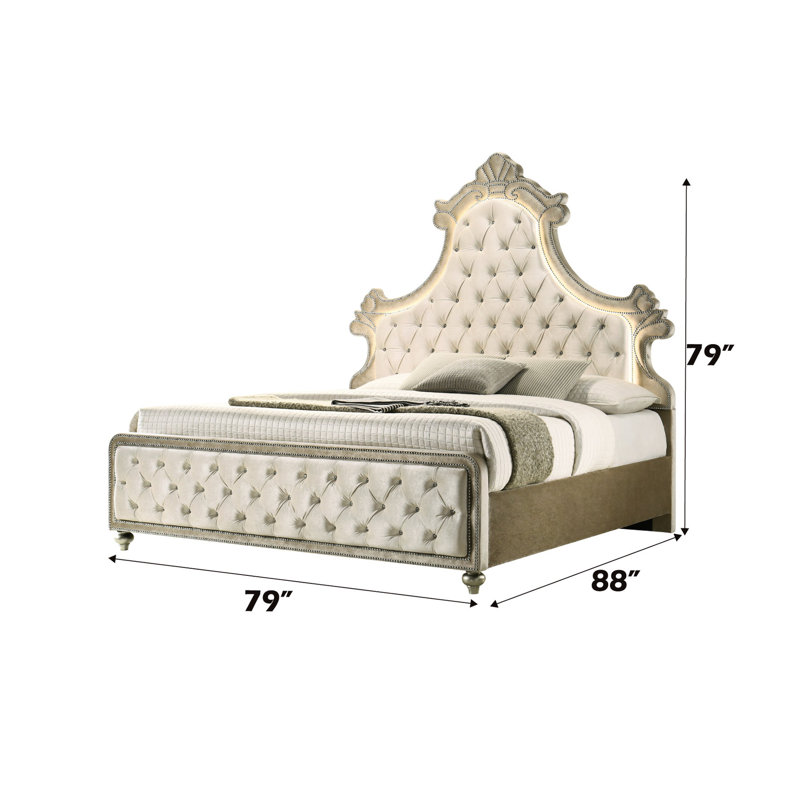 Lit en velours beige avec tête de lit à DEL et lattes de poids de 660 lb avec matelas de 8 à 10 po avec capacité de lattes suggérée