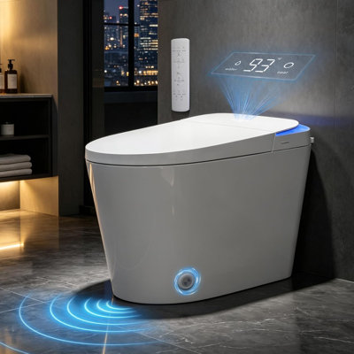 Toilettes bidet intelligentes sans réservoir, couvercle à ouverture/fermeture automatique, siège chauffant, lavage à l'eau chaude et séchage à air chaud, protection en mousse et capteur de pied