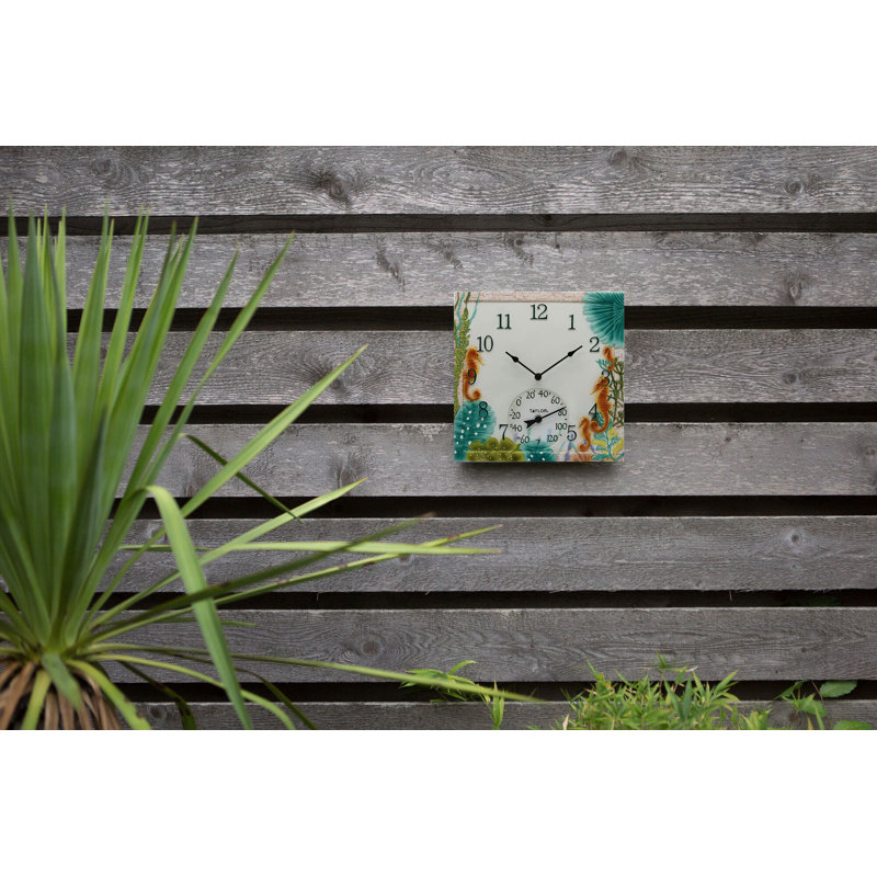 Taylor Precision Products 14"x14" Poly Resin Seahorse Clock with Thermometer, Multicoloured