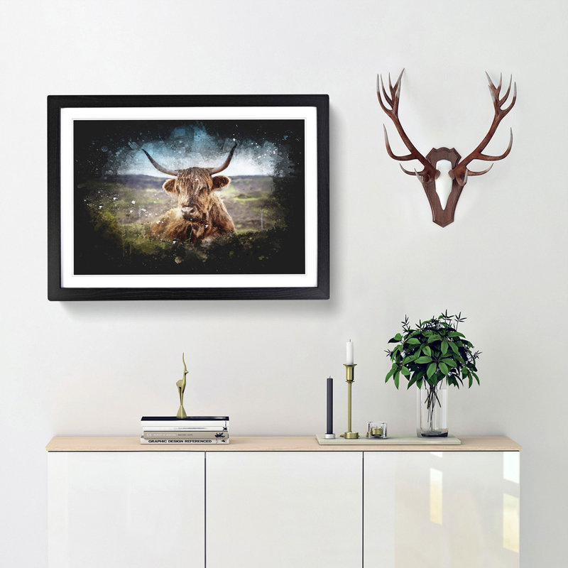 A Resting Highland Cow - Picture Frame Graphic Art Print, Black Framed, 45cm H x 63cm W x 2cm D