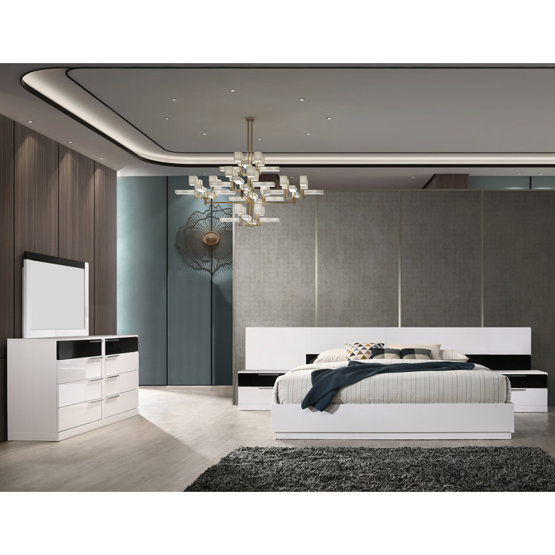 Ensemble de chambre en bois massif Cuyuna, Reine, 5 pièces (1 lit, 2 tables de chevet, 1 commode, 1