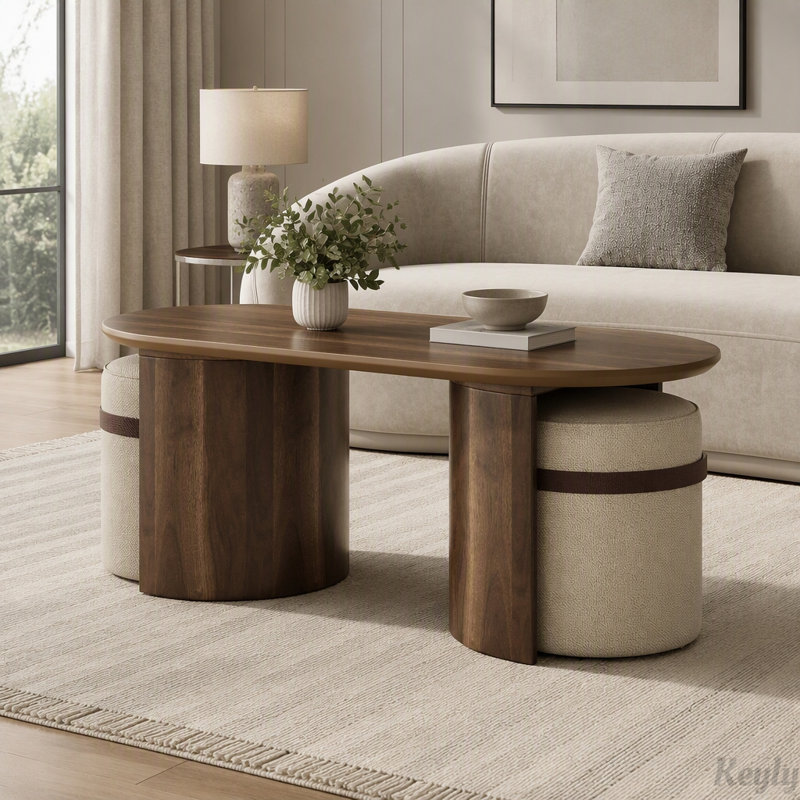 Ensemble de table basse ovale gain de place avec 2 poufs