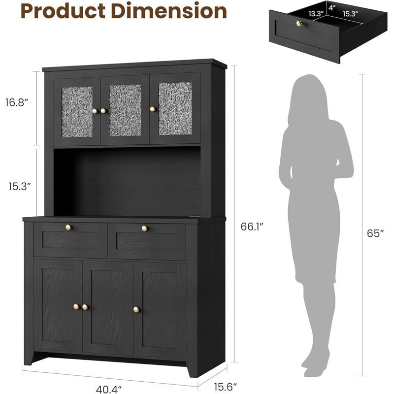 Armoire de cuisine de 66 po de hauteur, huche de cuisine moderne avec station de charge, grande armoire de rangement pour bar à café avec portes et tiroirs en verre