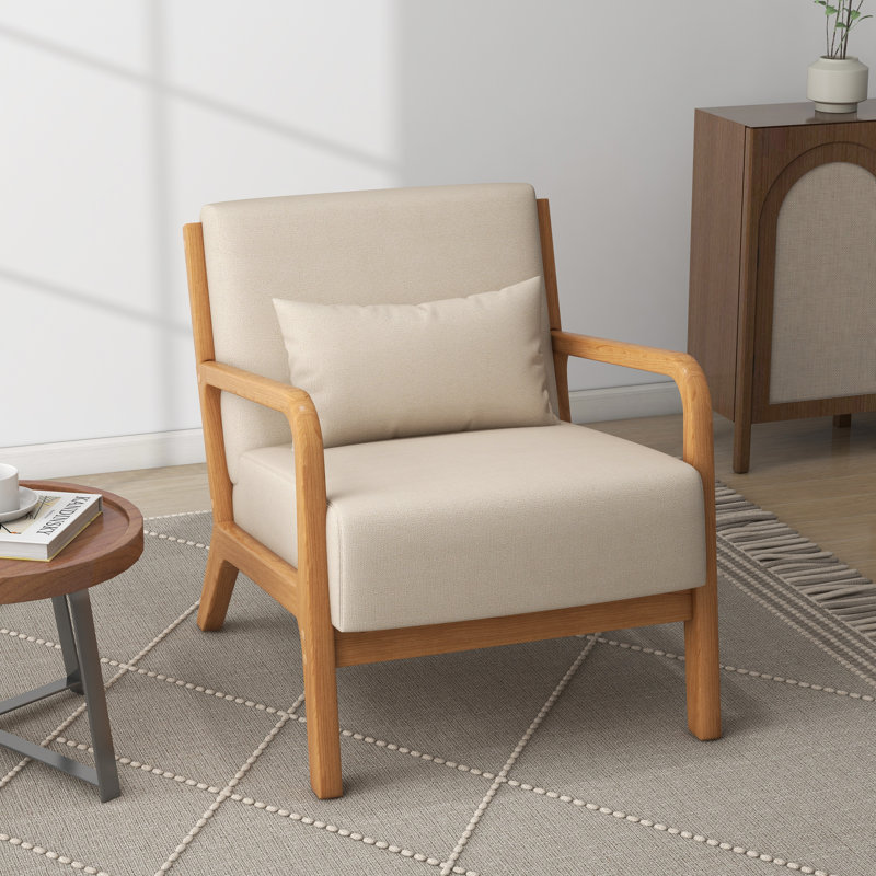 Jyrin 25.8" Wide Mid Century Upholstered Beige Linen Solid Wood Accent Chair with an Extra Pillow, Natural Wood