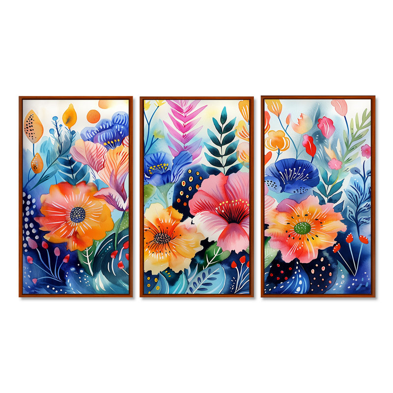 Fleurs roses bleues sous l'eau II - ensemble d'art mural botanique, H 32 po x l 48 po x P 1 po