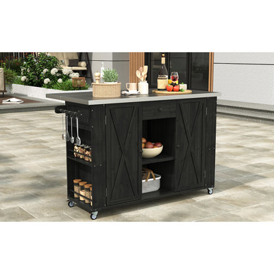 Outdoor Kitchen Island Fir Wood Kitchen Island With Stainless Steel Top, Ample Storage Space, Towel And Spice Racks And A Bottle Opener For Outdoor