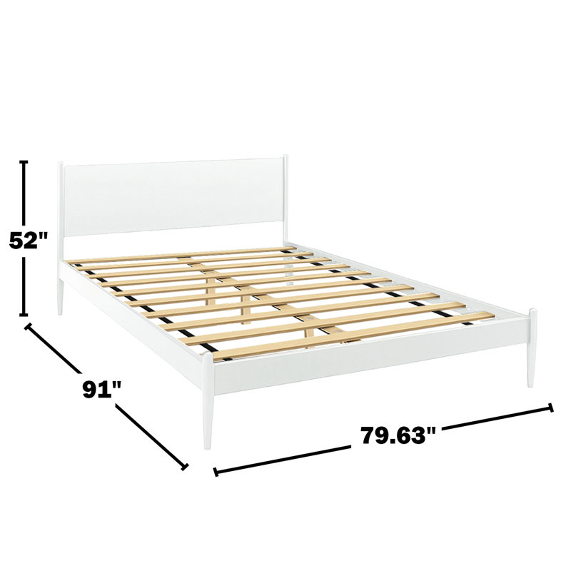 Très grand lit plateforme Mid-Century moderne au fini blanc, aucun sommier requis, pieds fuselés ronds, ensemble de lattes pour le soutien de la chambre à coucher et confort de style