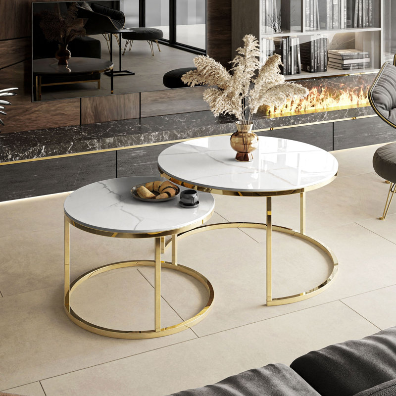 Deavers 2 Piece Frame Coffee Table, White Marble
