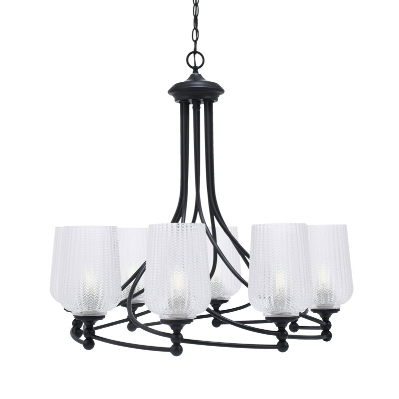 Lustre 8 lumières Sadea illustré avec verre de 5 po, Grainé transparent, Noir mat