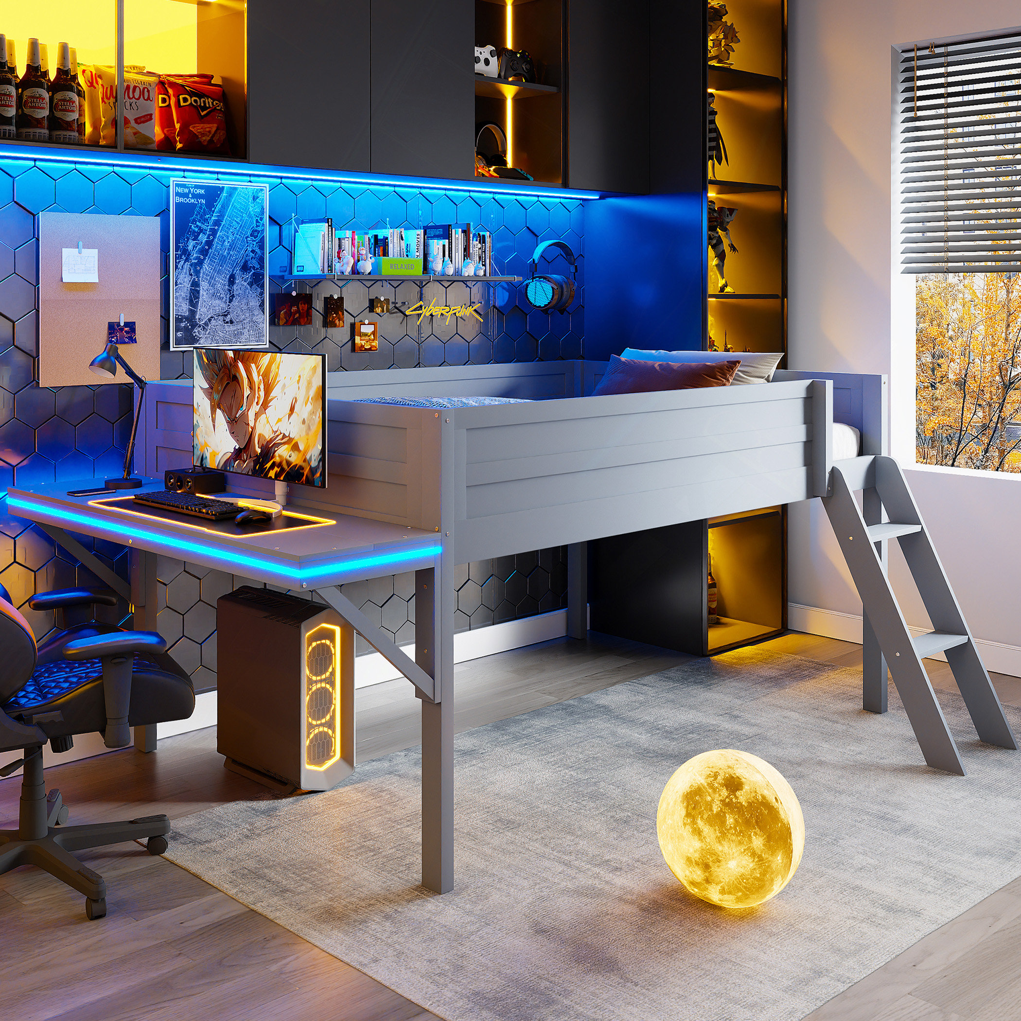 Latitude Run® Bed, Wood Gaming Loft Bed With Desk And LED | Wayfair