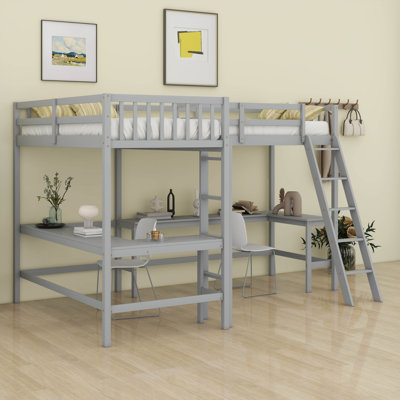 Lit mezzanine simple en bois en forme de L avec échelle et 2 bureaux intégrés en forme de L