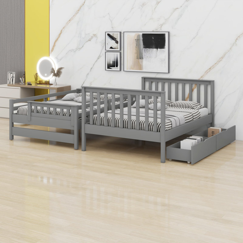 Lit superposé avec tablettes et tiroirs de rangement, Gris