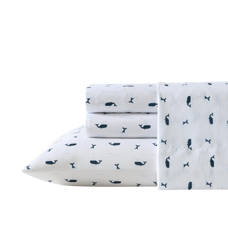 Nautica Kids Printed Cozy Sheet Set, Caspian Whales Navy, Twin Sheet Set with 1 Pillowcase