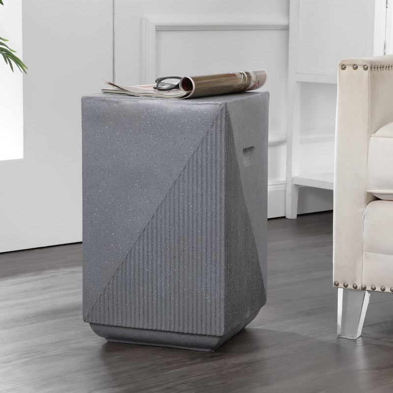 Adrian Modern 21" Durable All-Weather Polyresin Outdoor Accent Side Table & Patio Stool, Geometric Fluted Gray Terrazzo Finish