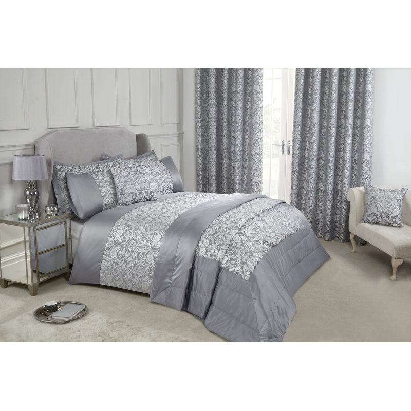 Eden Satin Floral Duvet Cover with Pillowcases, King, Silver