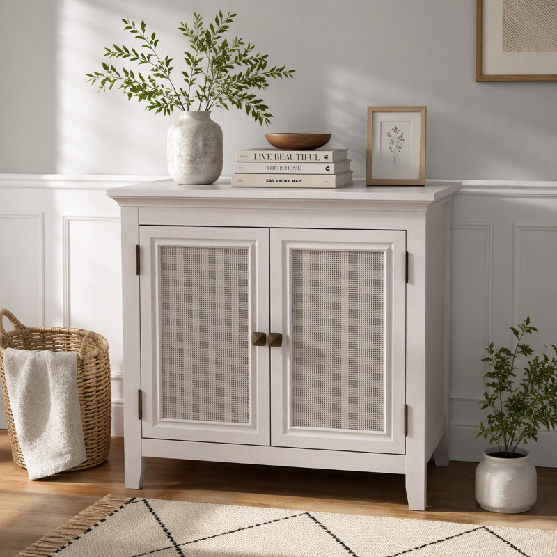 Meuble de rangement, buffet de cuisine avec portes décoratives en rotin, meuble d'appoint avec tablette de rangement ajustable, organisateur de meubles en bois