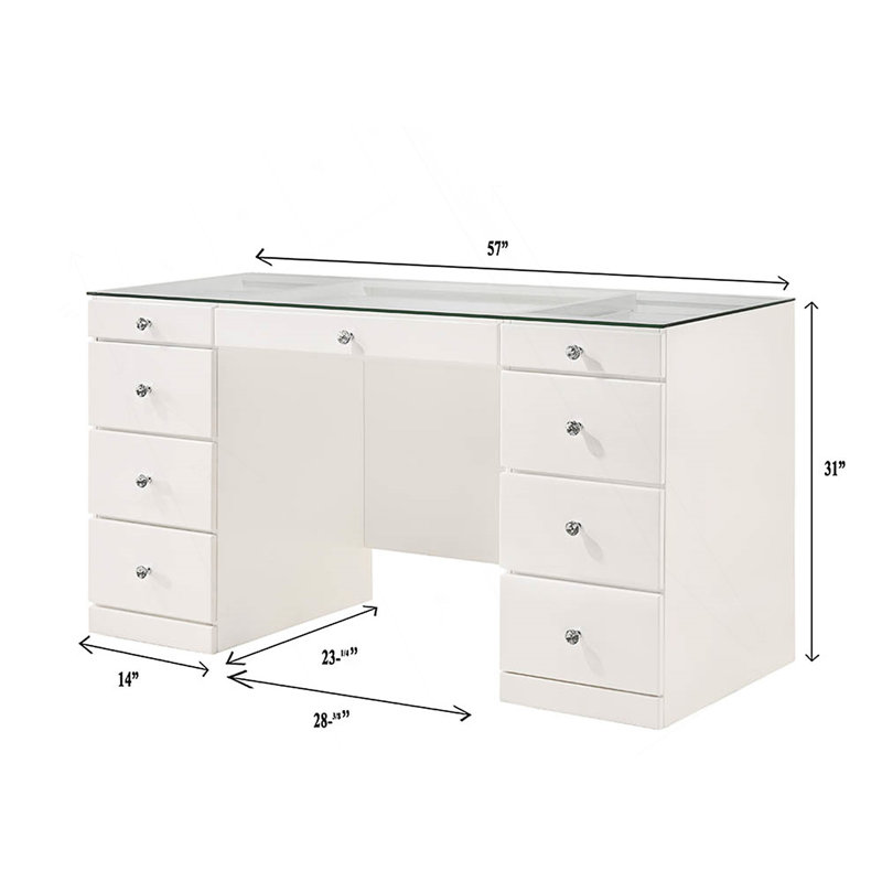 Table de coiffeuse à plateau en verre Glam avec 9 tiroirs et boutons, parfaite pour les chambres à coucher modernes et le rangement organisé