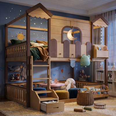 Lit superposé détachable avec bibliothèque et tiroir, lit superposé en bois massif