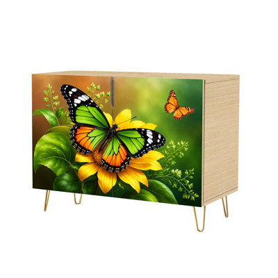 Buffet Buffet avec rangement Vibrant vert orange, papillons, feuilles de tournesol et vert avec 2 portes pour le salon et la cuisine
