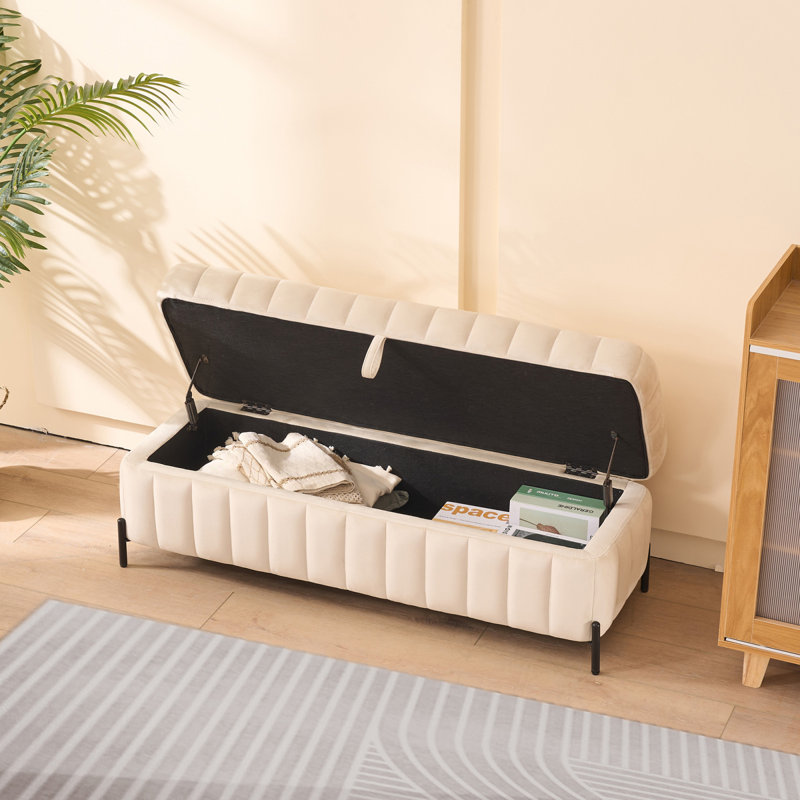 Banc de rangement rembourré en velours avec pieds en métal, idéal pour le salon, Beige
