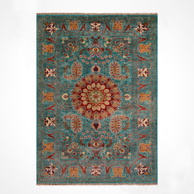 Original Hand Knotted Traditional Pattern Teal Wool and Cotton Rug