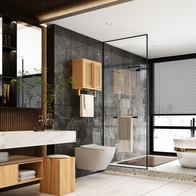 Boîte de rangement de toilette murale en bambou pour salle de bain