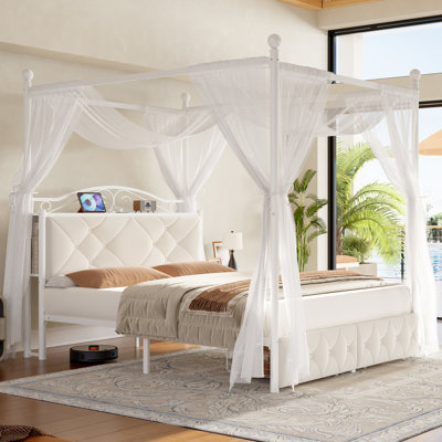 Upholstered Metal Canopy Storage Bed with Charging Ports, 2 Modes Princess Bed