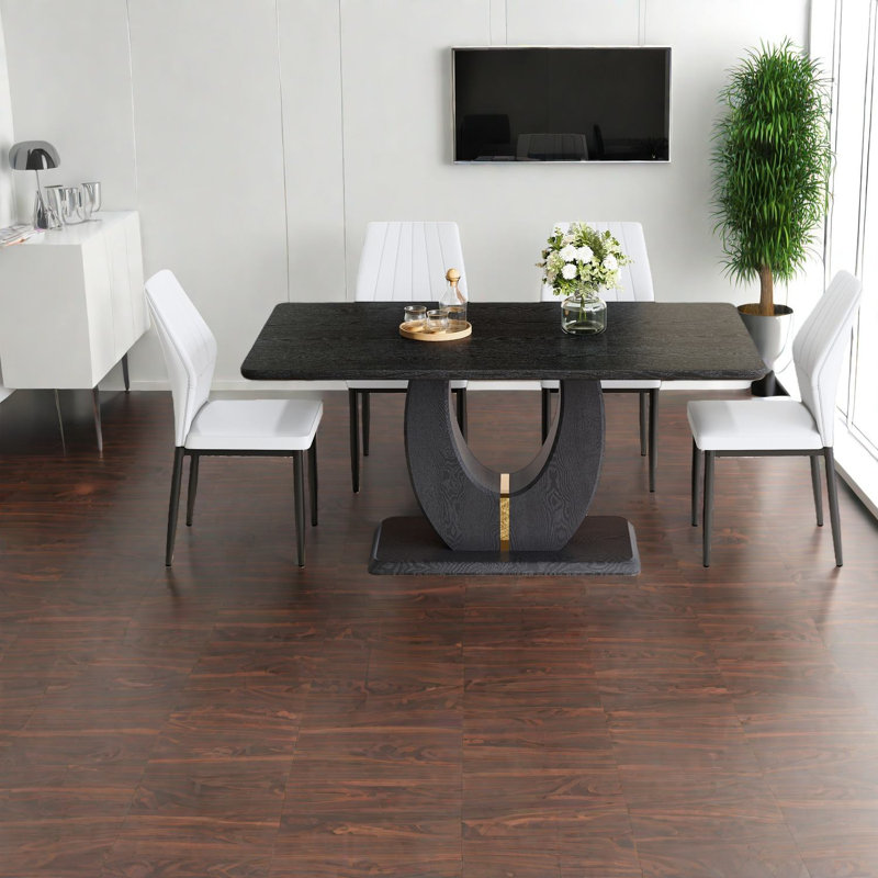 Ensemble de table de salle à manger moderne en bois noir avec chaises en coquille de polyuréthane blanc, polyvalent pour la salle à manger et la maison