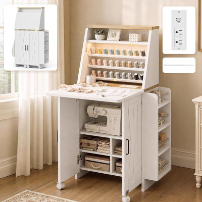 Folding Sewing Machine Cabinet Desk, Portable Sewing Table Craft Desk, Built-in Power Outlet, LED Lighting, Storage Shelves&Bag, Thread Organizer Shelves, Barn Door Style