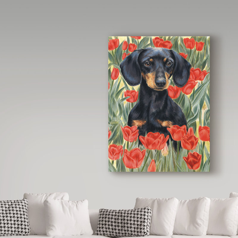 Publicité rétro sur toile tendue Adelphi «Dachshund in Tulips», H 32 po x l 24 po