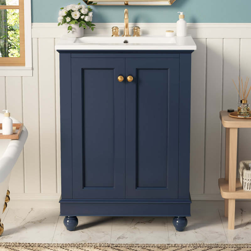 Meuble-lavabo autoportant avec rangement à fermeture douce et tablette et lavabo réglables, Bleu