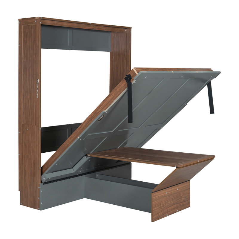 Lit escamotable double avec bureau pliable - Lit escamotable mural - Noyer et gris, Noyer / gris