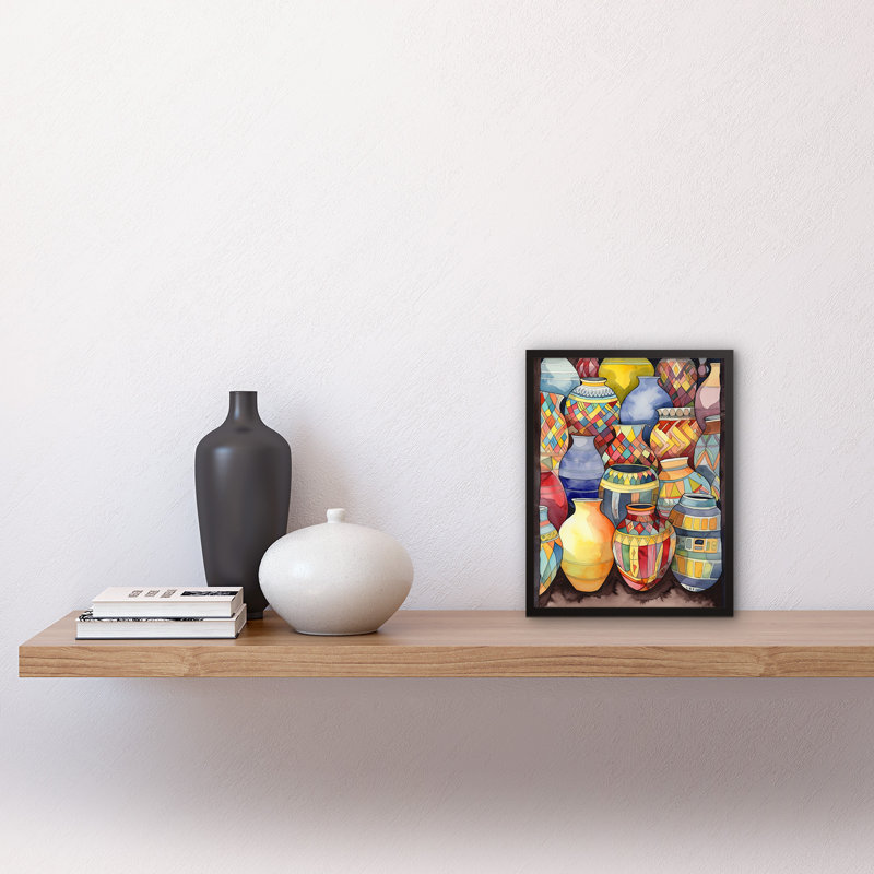 Glazed Ceramic Pot Vases Folk Art Artwork Framed Wall Art Print 9X7 Inch