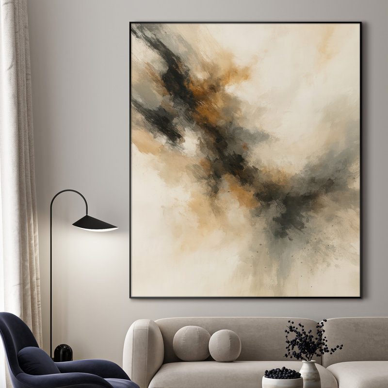 Extra Large Wall Art Fabric Print - Soft Neutral Abstract with Black and Amber Burst Artwork Decor for Living Room or Bedroom - "Frame Assembly Required (Unfinished Frame)"