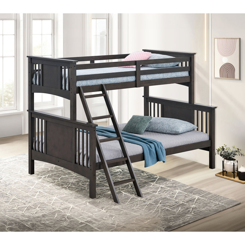 Lit superposé simple au-dessus d'un lit double moderne gris avec style transitionnel, bois d'ingénierie et finition mixte, structure solide