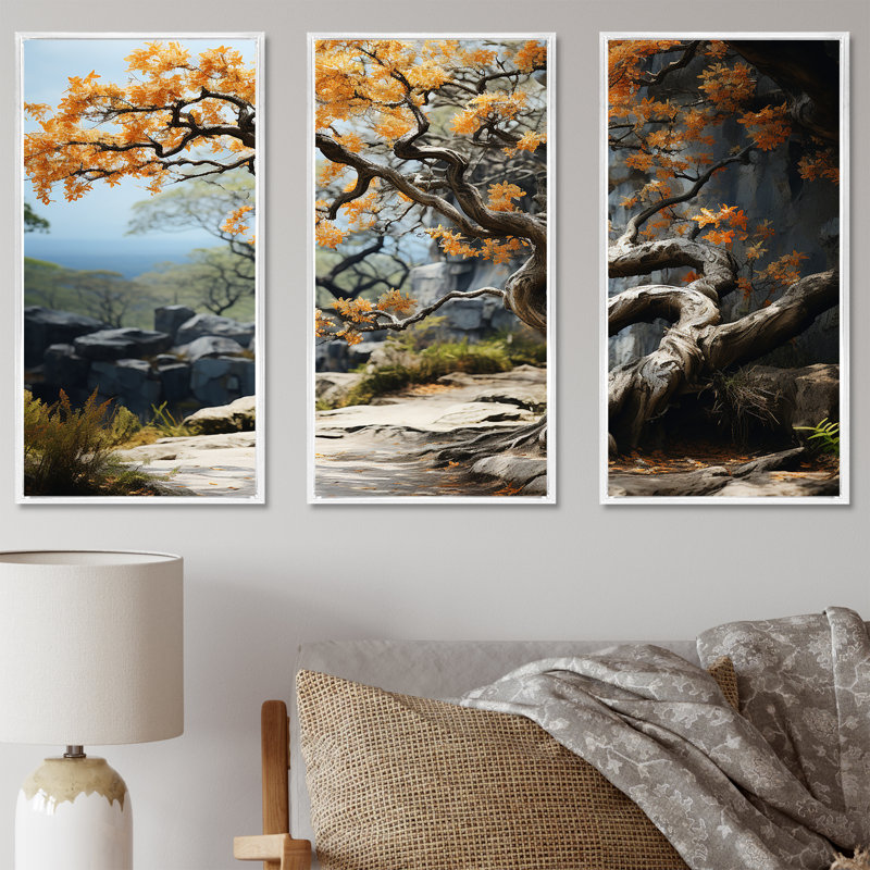 «Fauvist Awakening Of Oak Tree II», ensemble d'art sur toile chêne, H 28 po x l 36 po x P 1 po, Cadre flottant blanc