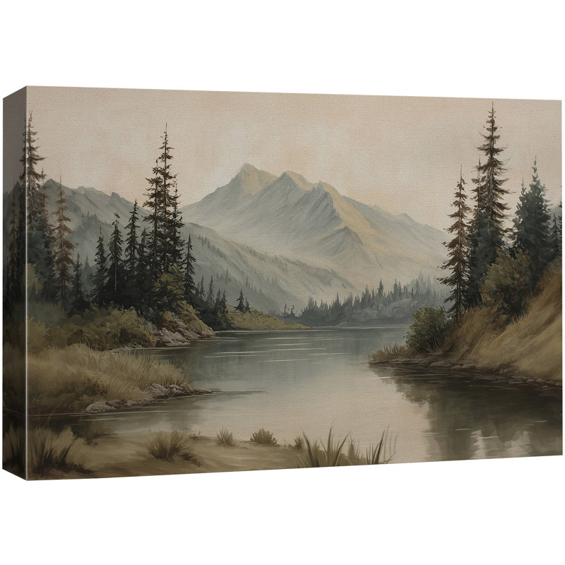 «Misty Mountain Lake with Pine Forest», reproduction d'art sur toile encadrée très grande, Toile tendue