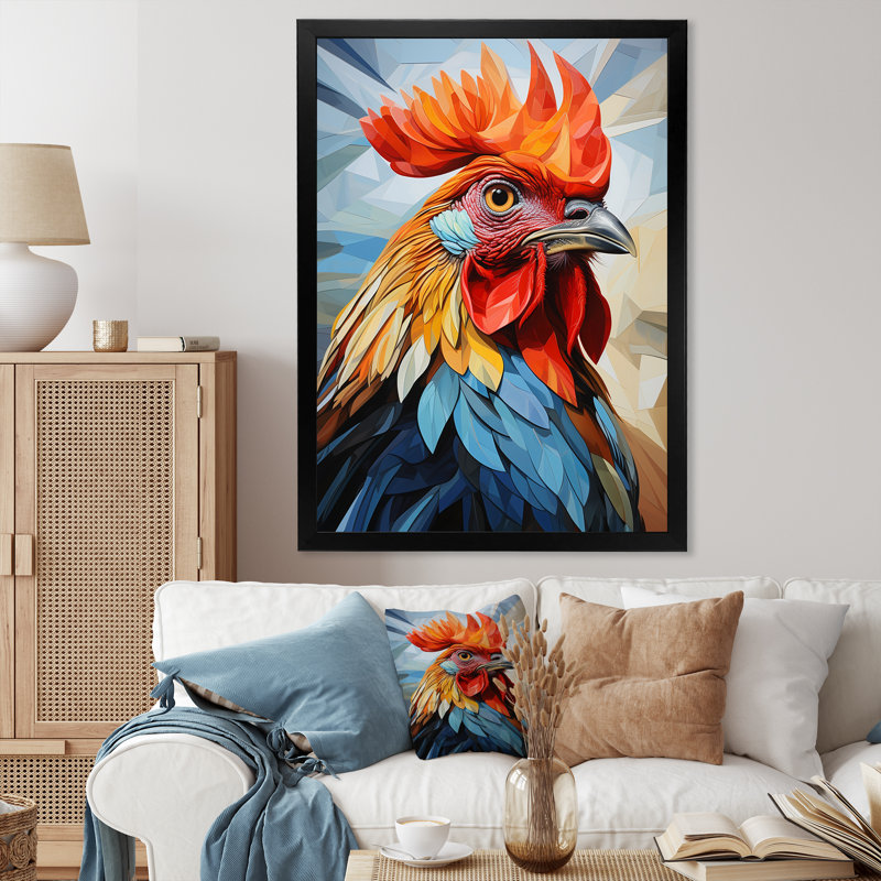 «Cubic Colorful Rooster Collage III», art mural animal de poule, H 32 po x l 24 po x P 1 po, Cadre simple noir