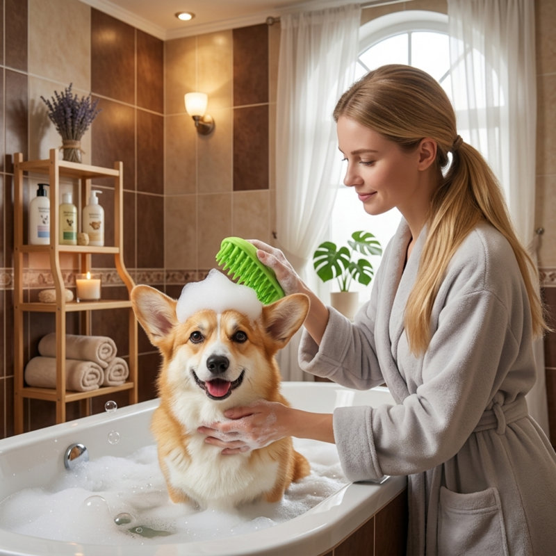Brosse à shampooing en silicone pour animaux de compagnie pour cheveux longs et courts, animaux de compagnie de taille moyenne à grande, chiens et chats, brosse de curry pour la douche, massage du dos du chien, vert