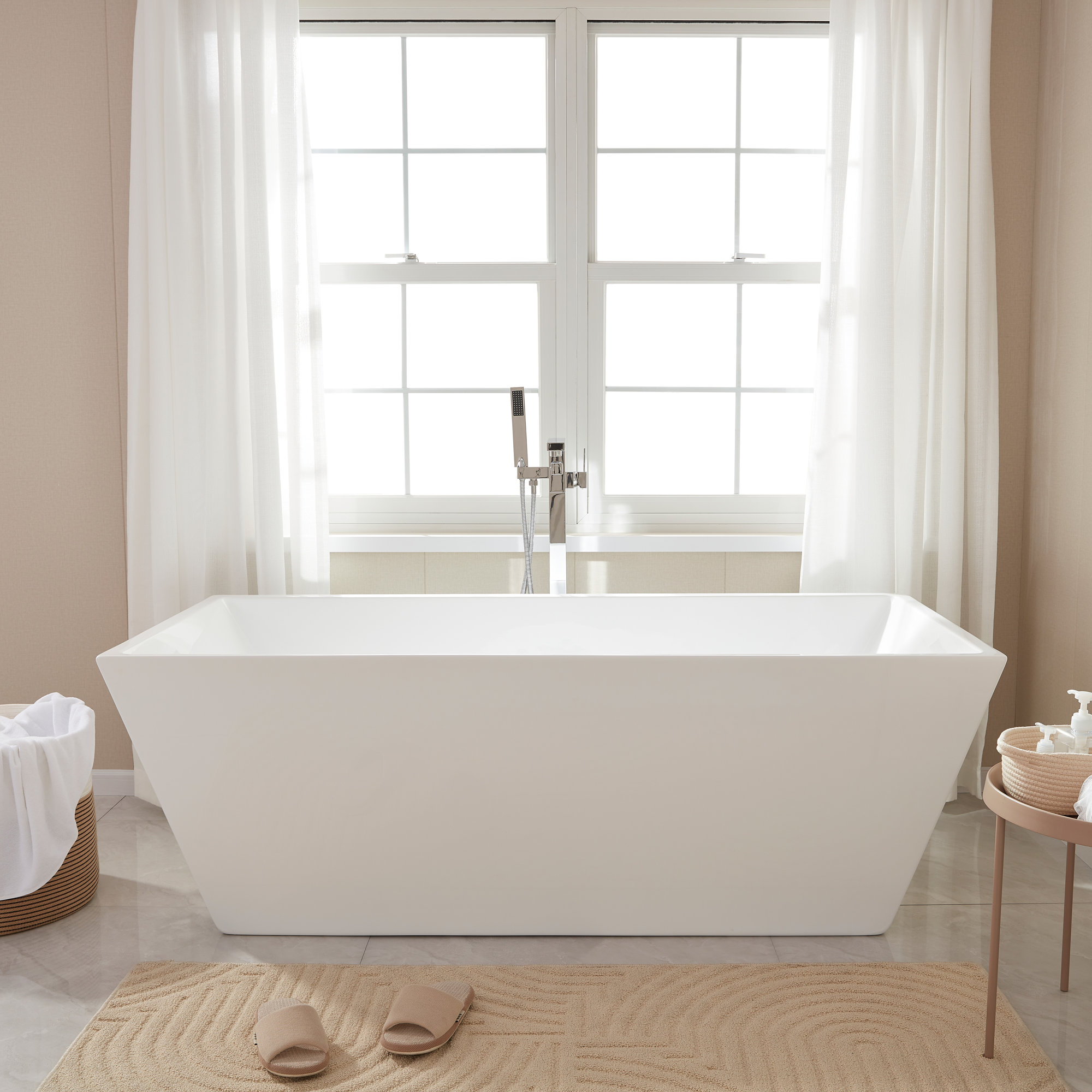 Chloe Freestanding Soaking Acrylic Bathtub, White/Polished Chrome