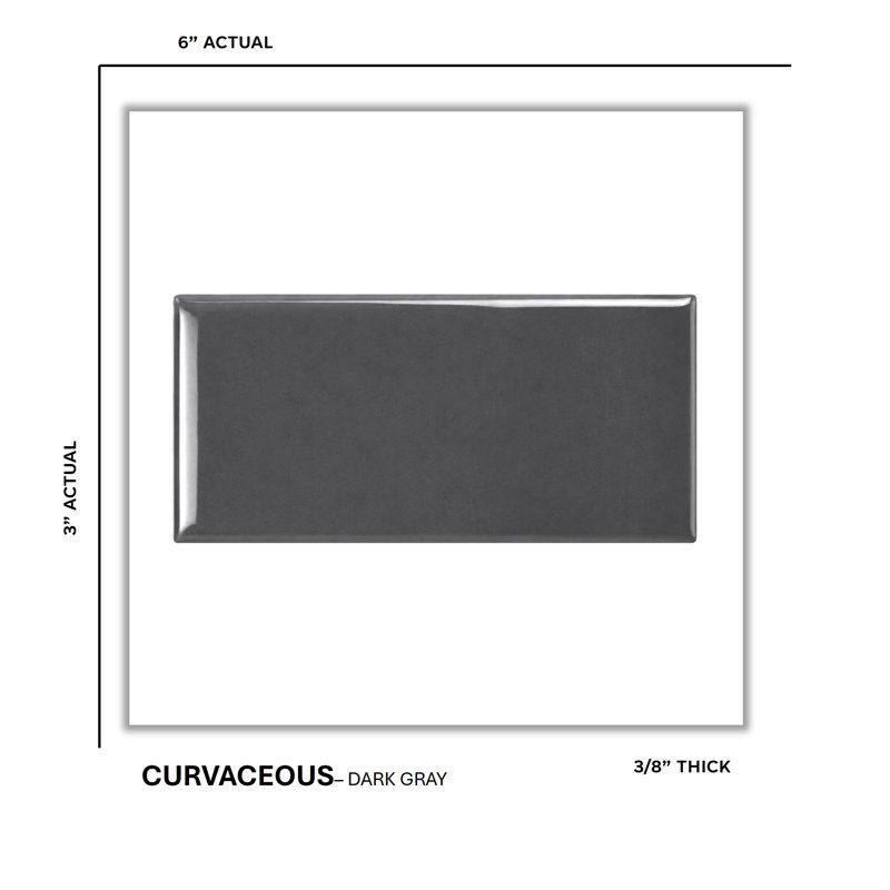 Curvaceous 3" x 6" Ceramic Wall Tile, Dark Gray