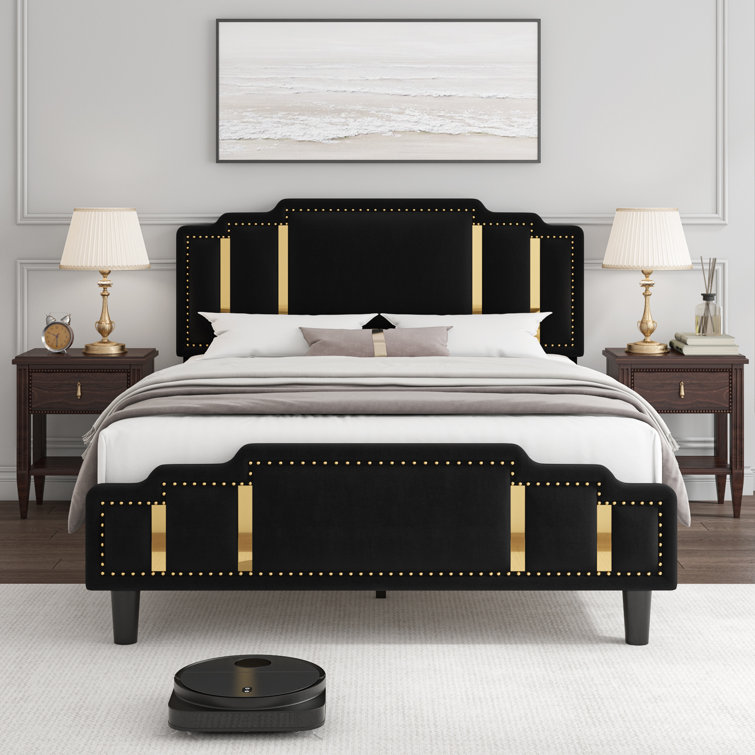 Cylena Velvet Upholstered Bed Frame with Adjustable Stepped Headboard