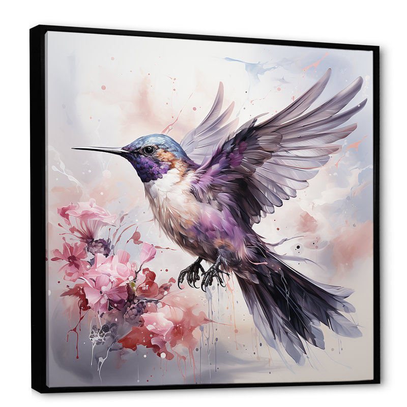 Colibri gris flottant Blooms III - Colibri, art mural animal, Cadre flottant noir, H 30 po x l 30 po x P 1,5 po