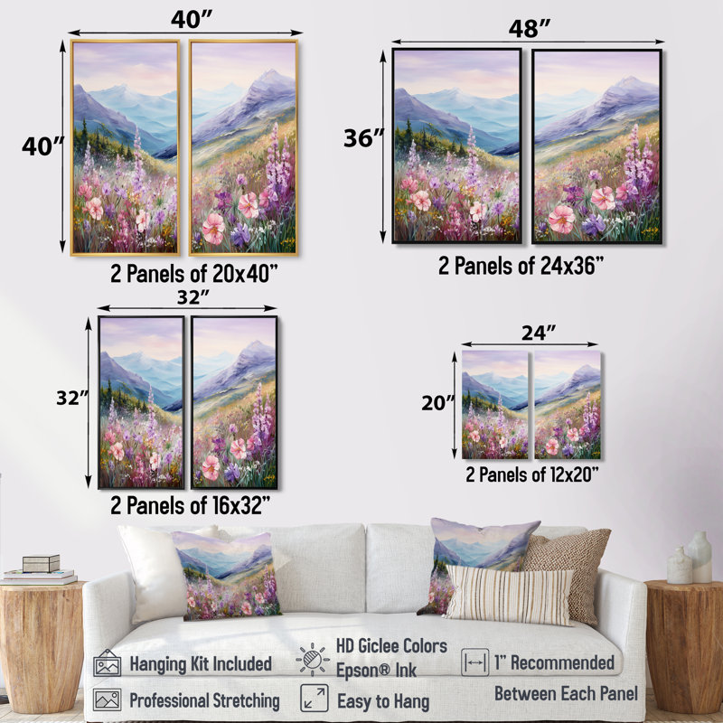 «Pink Seasonal Flowers Field In Mountain», art mural sur toile rose, H 36 po x l 48 po, Noir